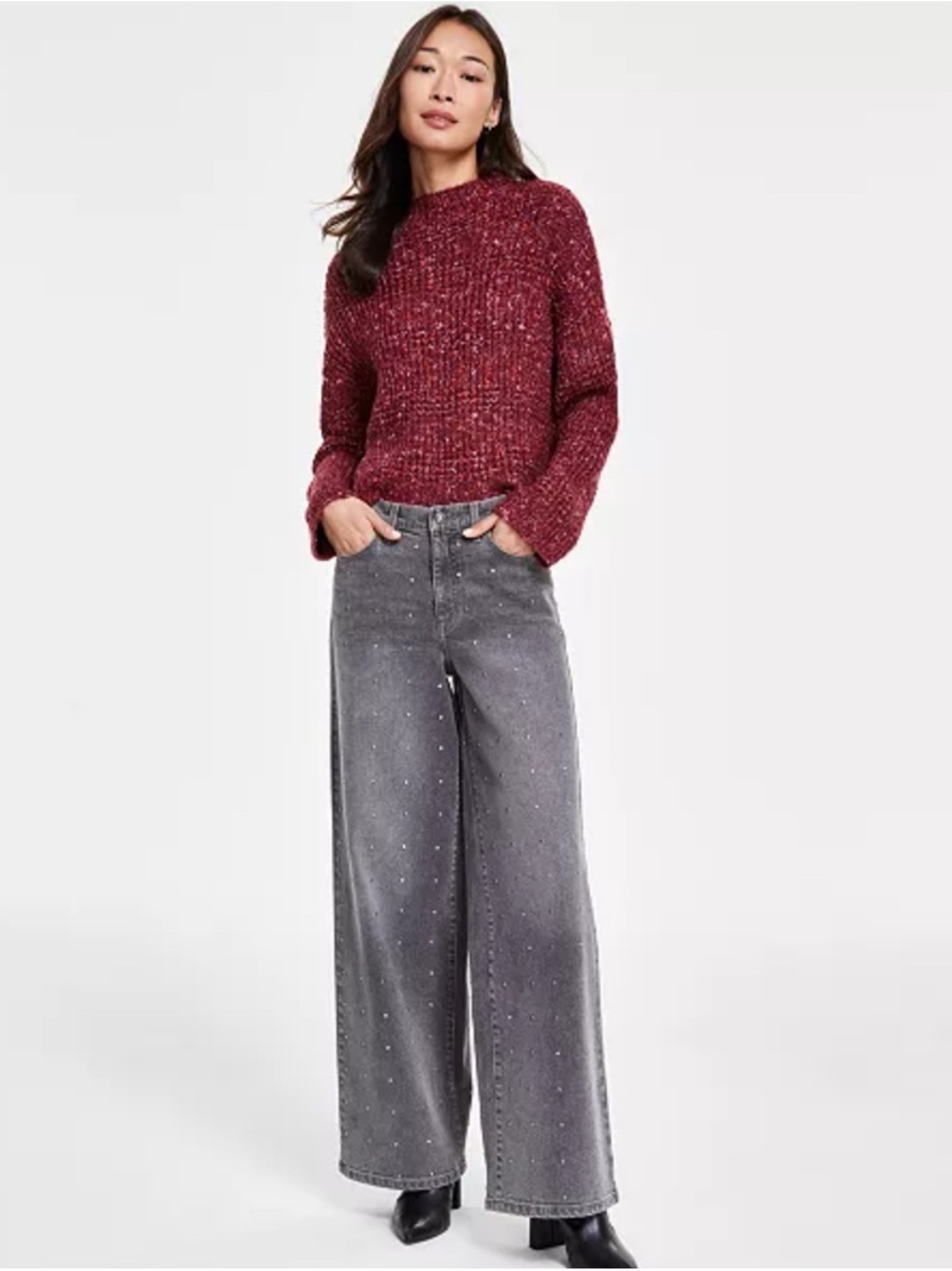 NWT DKNY Wide-Leg Studded Gray Women's Jeans Embellished Boho